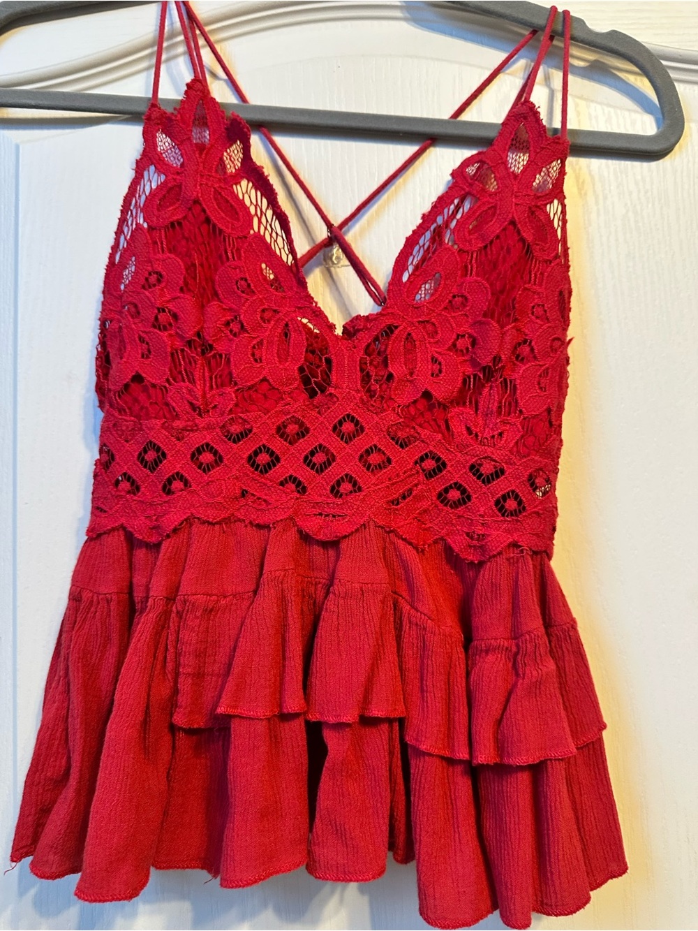 Free People Red Lace Crochet Ruffle Camisole